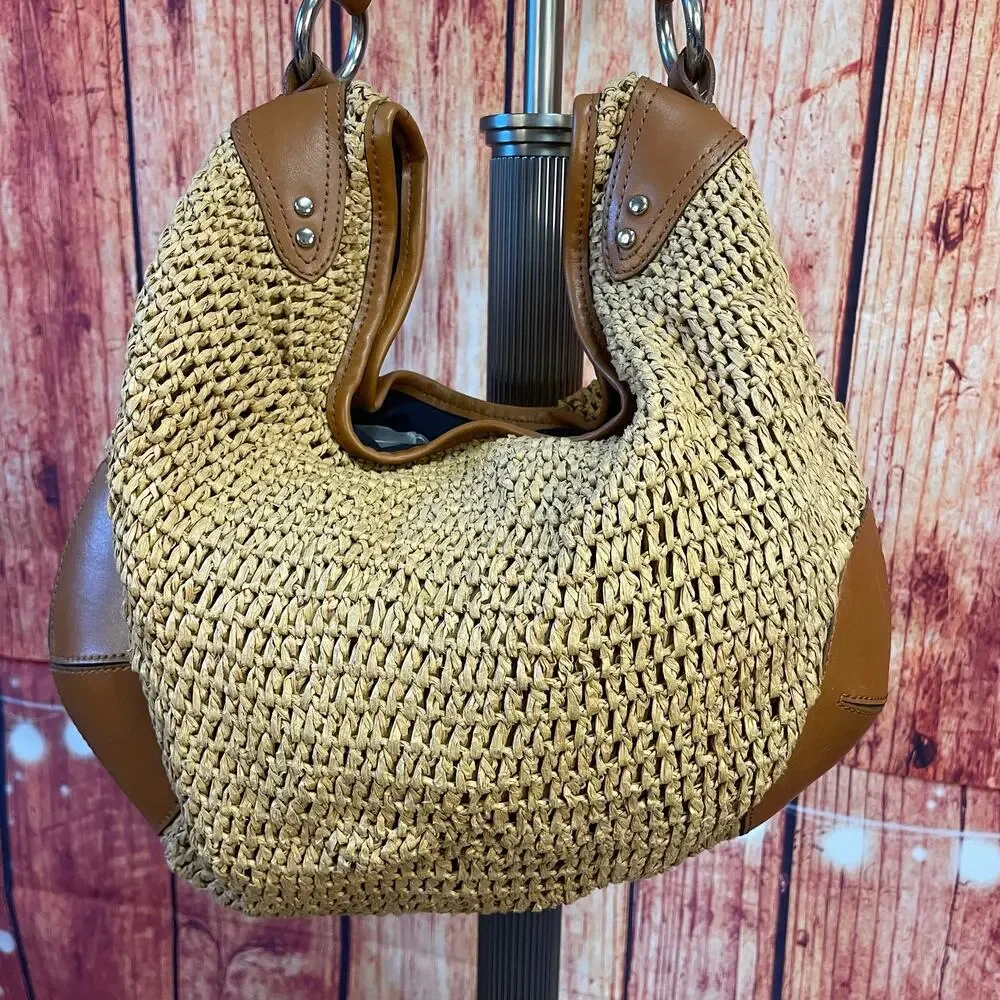 Lauren Ralph Lauren Straw Hobo Shoulder Bag Tan Brown Leather Trim Slouchy Purse